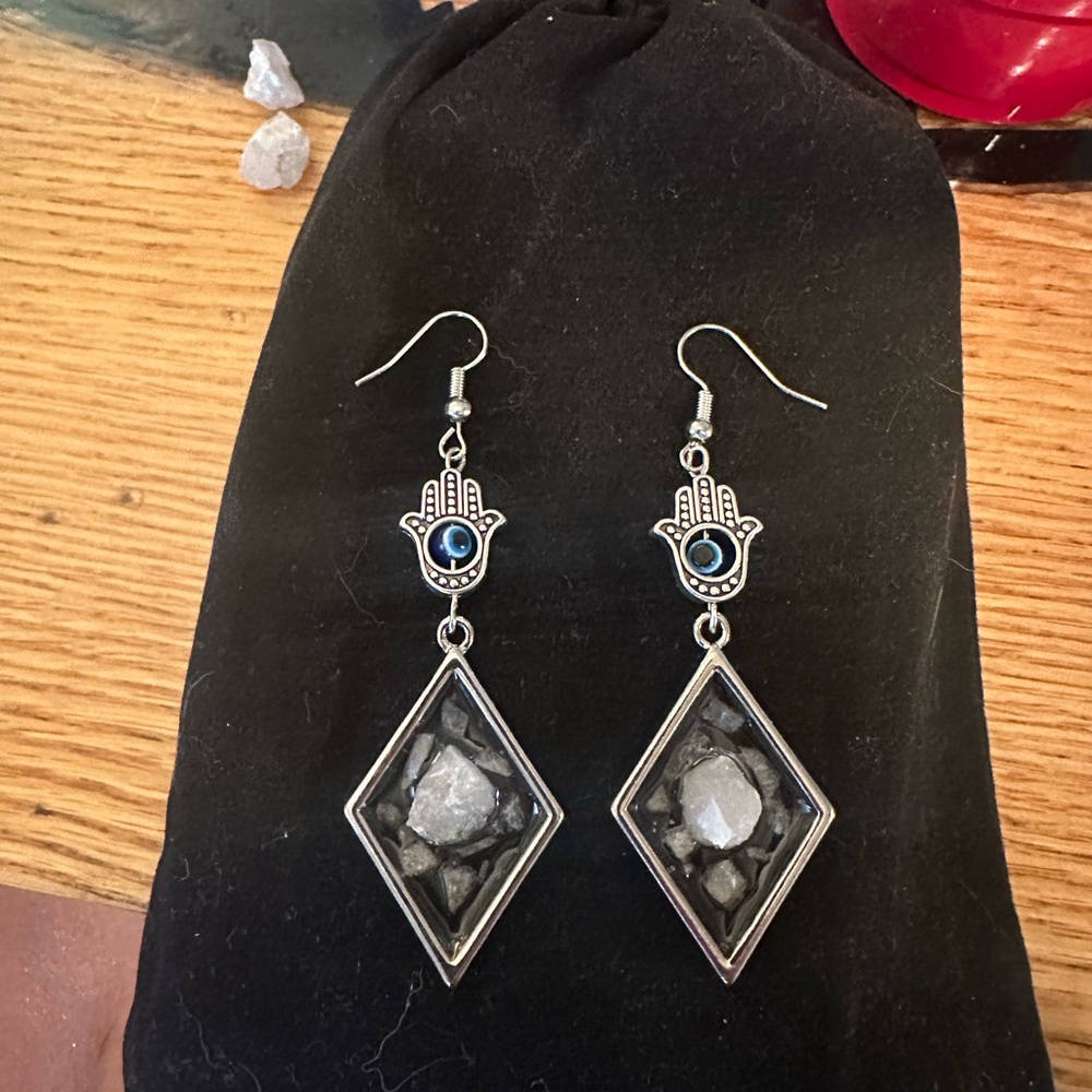 Silver Toned Hamsa Hand Earrings with Black Accents